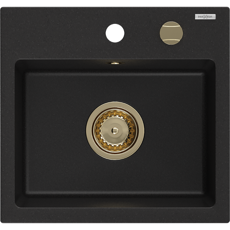Mexen Milo žulový drez 1-komorový 435 x 410 mm, čierny, sifón zlatý - 6505441000-77-G