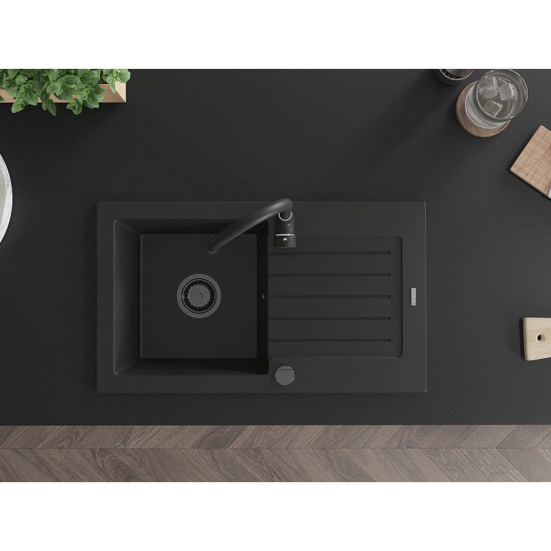 Mexen Pablo žulový kuchynský drez 1-komorový s odkvapkávačom 752 x 436 mm, čierny, čierny sifón - 6510751010-77-B