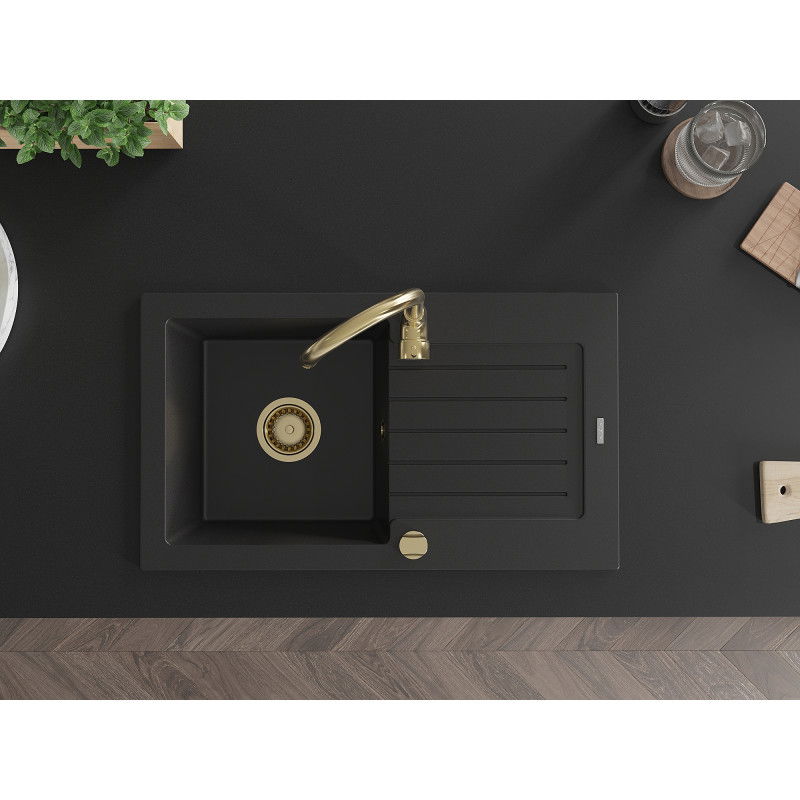 Mexen Pablo žulový drez 1-komorový s odkvapkávačom 752 x 436 mm, čierny, sifón zlatý - 6510751010-77-G