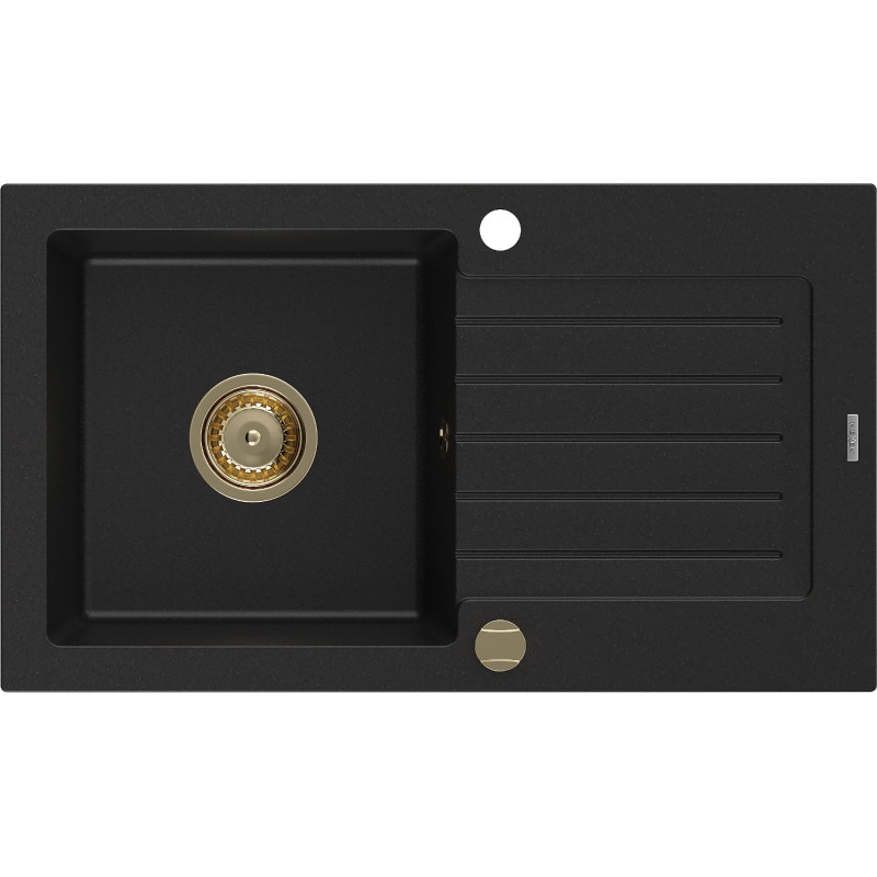 Mexen Pablo granitový drez 1-komorový s odkvapkávačom 752 x 436 mm, čierny, sifón zlatý - 6510751010-77-G