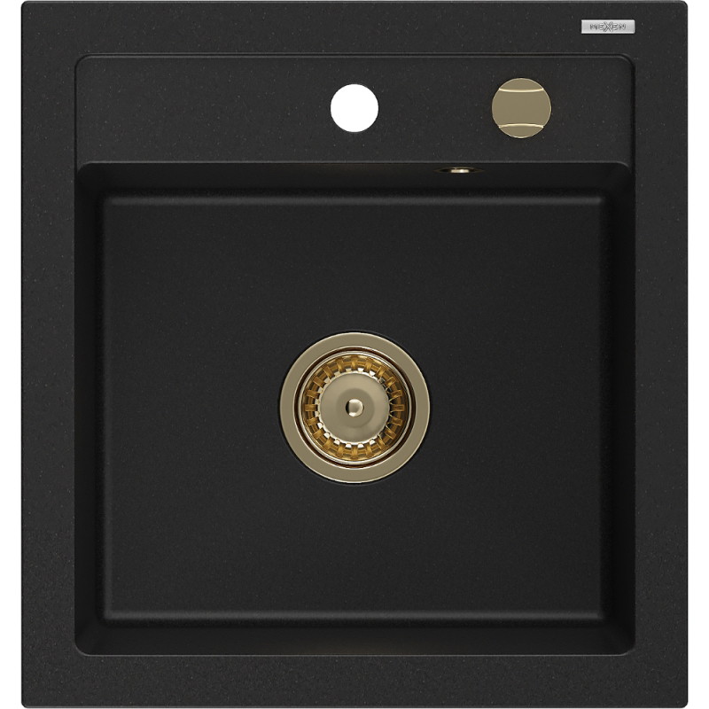 Mexen Vito granitový drez 1-komorový 520 x 490 mm, čierny, sifón zlatý - 6503521000-77-G
