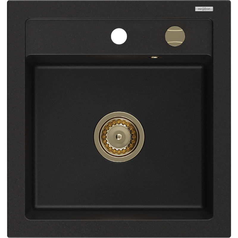 Mexen Vito granitový drez s 1 komorou 520 x 490 mm, čierny, zlatý sifón - 6503521000-77-G