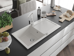 Mexen Leo žulový drez 1-komorový s odkvapkávačom a kuchynskou batériou Rita, biely - 6501-20-670300-00