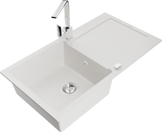 Mexen Leo žulový drez 1-komorový s odkvapkávačom a kuchynskou batériou Rita, biely - 6501-20-670300-00