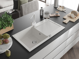 Mexen Leo žulový kuchynský drez 1-komorový s odkvapkávacou plochou a kuchynskou batériou Rita, biely - 6501-20-670300-20