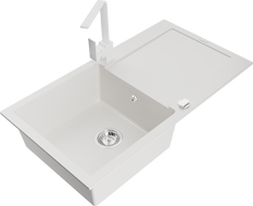 Mexen Leo žulový kuchynský drez 1-komorový s odkvapkávacou plochou a kuchynskou batériou Rita, biely - 6501-20-670300-20