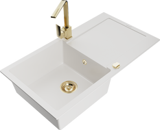 Mexen Leo granitový drez 1-komorový s odkvapkávačom a kuchynskou batériou Rita, biely - 6501-20-670300-50