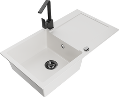 Mexen Leo žulový drez s 1 komorou, odkvapkávačom a kuchynskou batériou Rita, biely - 6501-20-670300-70