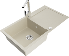 Mexen Leo žulový kuchynský drez s jednou komorou a odkvapkávačom a kuchynskou batériou Rita, béžový - 6501-69-670300-00