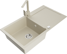 Mexen Leo žulový drez s 1 komorou a odkvapkávačom a kuchynskou batériou Rita, béžový - 6501-69-670300-69