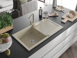 Mexen Leo žulový drez s 1 komorou a odkvapkávačom a kuchynskou batériou Rita, béžový - 6501-69-670300-69