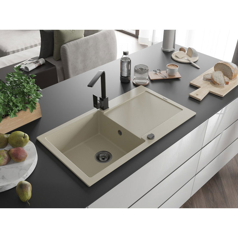 Mexen Leo jednokomorový granitový drez s odkvapkávačom a kuchynskou batériou Rita, béžový - 6501-69-670300-70