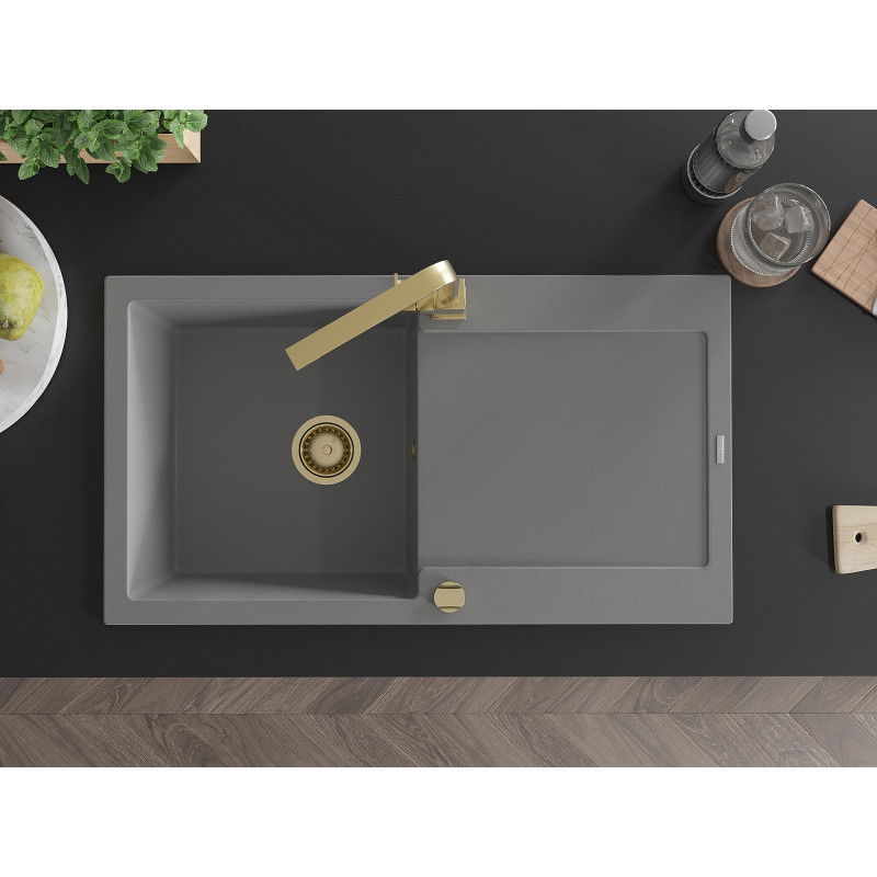 Mexen Leo granitový drez 1-komorový s odkvapkávačom a kuchynskou batériou Rita, šedý - 6501-71-670300-50