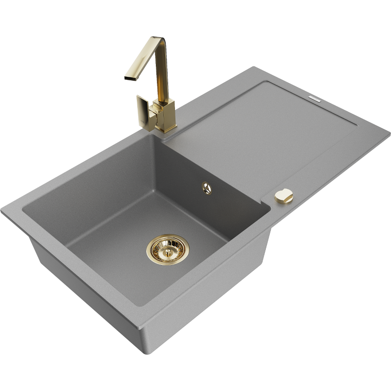 Mexen Leo granitový drez 1-komorový s odkvapkávačom a kuchynskou batériou Rita, šedý - 6501-71-670300-50