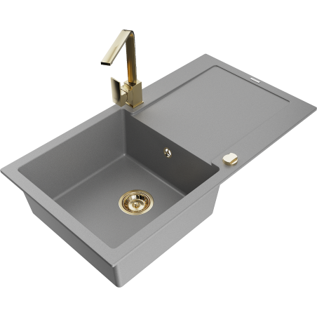 Mexen Leo granitový drez 1-komorový s odkvapkávačom a kuchynskou batériou Rita, šedý - 6501-71-670300-50