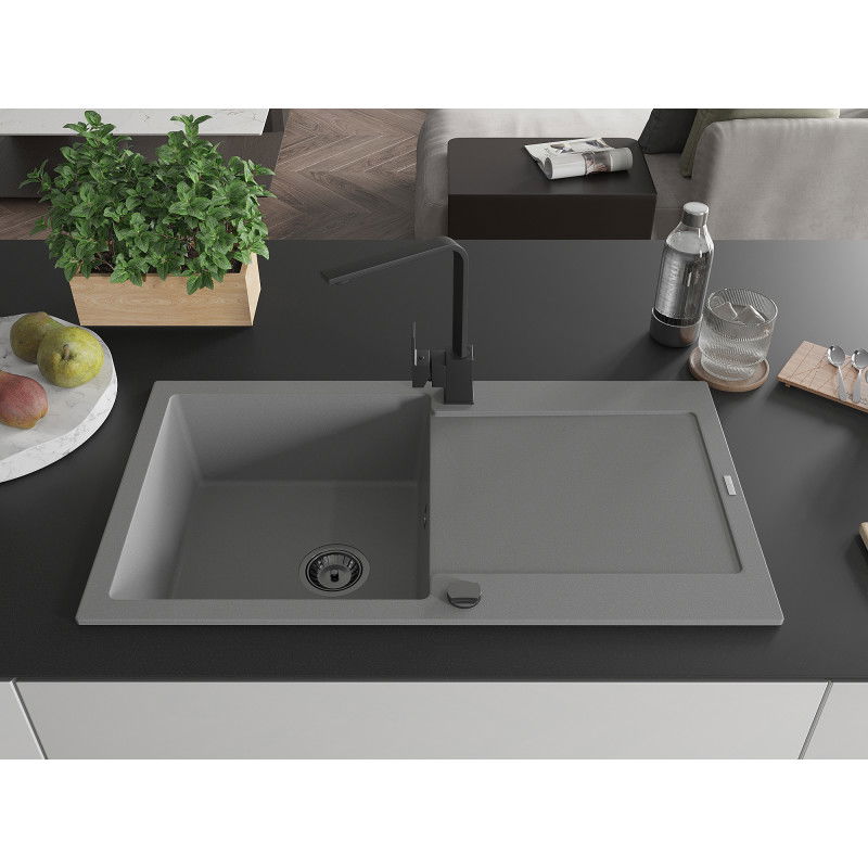 Mexen Leo žulový kuchynský drez 1-komorový s odkvapkávačom a kuchynskou batériou Rita, sivý - 6501-71-670300-70-B