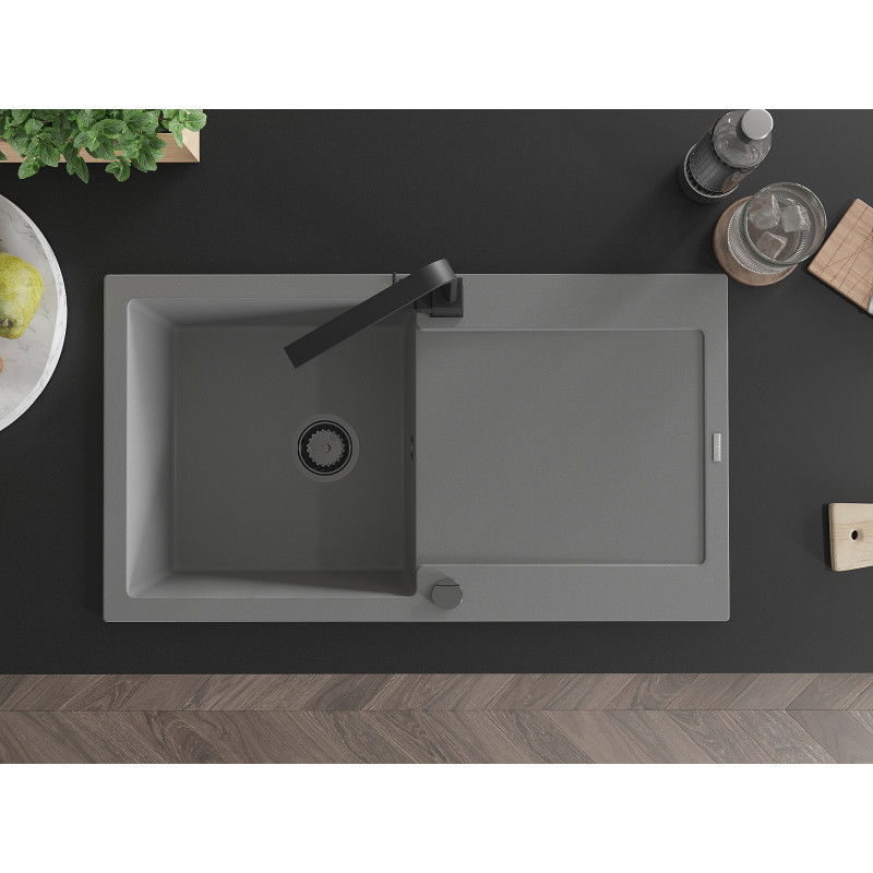 Mexen Leo žulový kuchynský drez 1-komorový s odkvapkávačom a kuchynskou batériou Rita, sivý - 6501-71-670300-70-B