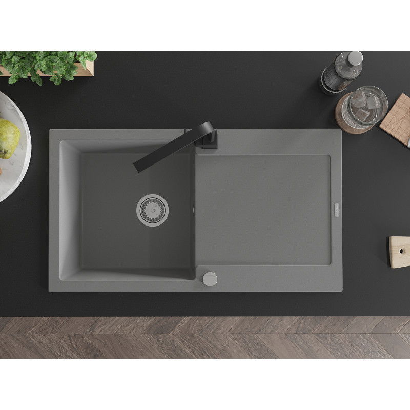 Mexen Leo granitový drez s 1-komorou, odkladacou plochou a kuchynskou batériou Rita, sivý - 6501-71-670300-70