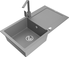 Mexen Leo žulový kuchynský drez s 1 komorou a odkvapkávacou plochou a kuchynskou batériou Rita, sivý - 6501-71-670300-71