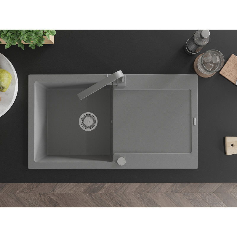 Mexen Leo žulový kuchynský drez s 1 komorou a odkvapkávacou plochou a kuchynskou batériou Rita, sivý - 6501-71-670300-71