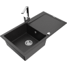 Mexen Leo granitový kuchynský drez s 1 komorou, odkvapkávačom a kuchynskou batériou Rita, čierno/strieborný metalický