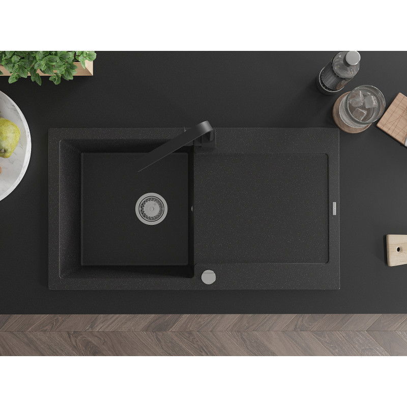 Mexen Leo granitový 1-komorový drez s odkvapkávačom a kuchynskou batériou Rita, čierny/strieborný metalik - 6501-73-670300-70