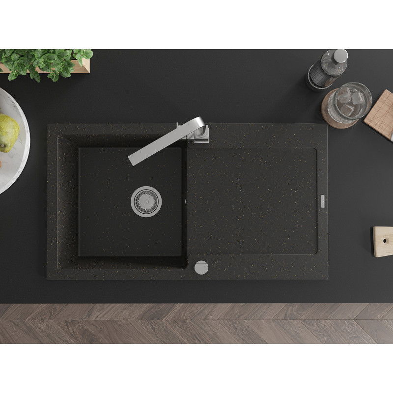 Mexen Leo žulový drez s 1 komorou s odkvapkávacou plochou a kuchynská batéria Rita, čierny/zlatý metalik - 6501-75-670300-00