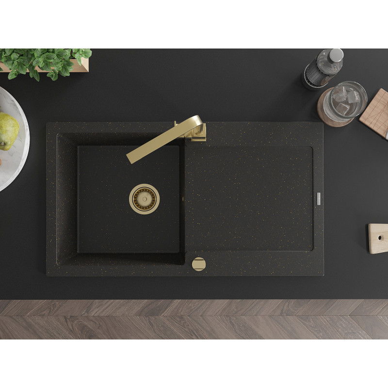Mexen Leo žulový drez s 1 komorou, odkvapkávačom a kuchynskou batériou Rita, čierny/zlatý metalický - 6501-75-670300-50