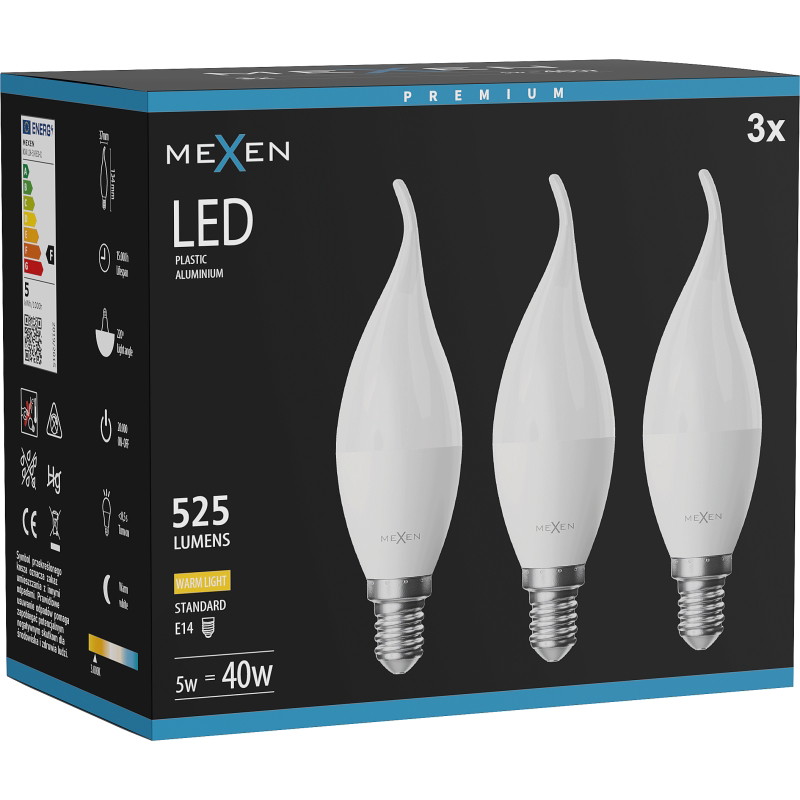 Mexen Nova 3x LED žiarovka plameň E14, C37, 5W, Teplá - 3000K, 525 lm - L106-E14-0530-01x03