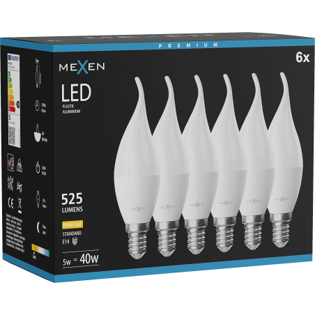 Mexen Nova 6x LED žiarovka plameň E14, C37, 5W, Teplá - 3000K, 525 lm - L106-E14-0530-01x06
