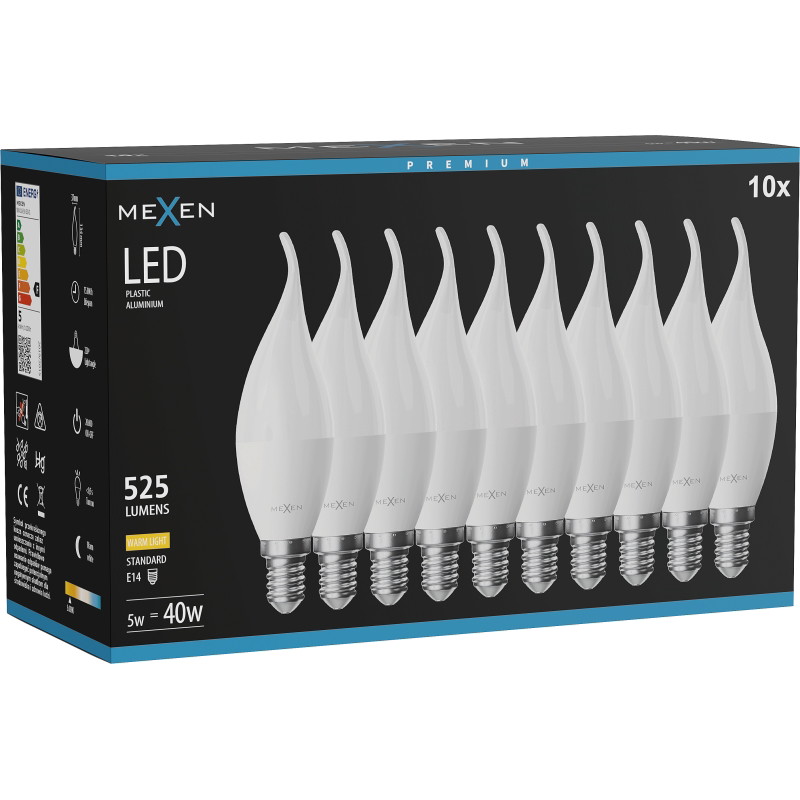 Mexen Nova 10x LED žiarovka plameň E14, C37, 5W, Teplá - 3000K, 525 lm - L106-E14-0530-01x10