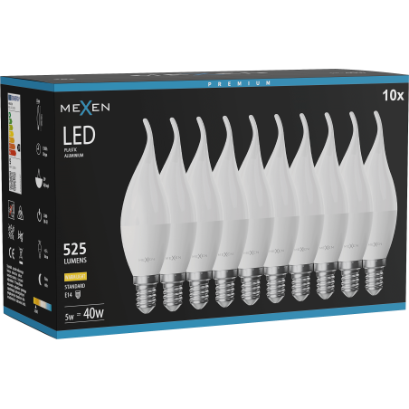 Mexen Nova 10x LED žiarovka plameň E14, C37, 5W, Teplá - 3000K, 525 lm - L106-E14-0530-01x10