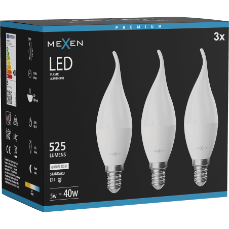 Mexen Nova 3x LED žiarovka plameň E14, C37, 5W, Neutrálna - 4000K, 525 lm - L106-E14-0540-01x03