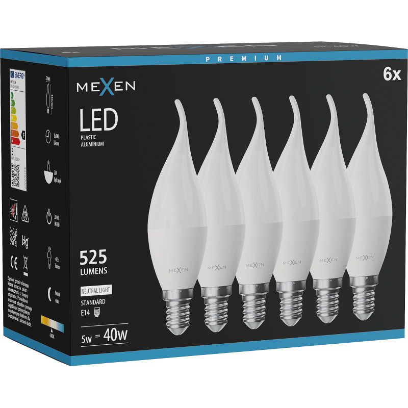 Mexen Nova 6x LED žiarovka plameň E14, C37, 5W, Neutrálna - 4000K, 525 lm - L106-E14-0540-01x06