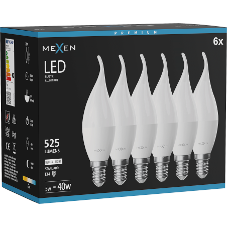 Mexen Nova 6x LED žiarovka plameň E14, C37, 5W, Neutrálna - 4000K, 525 lm - L106-E14-0540-01x06
