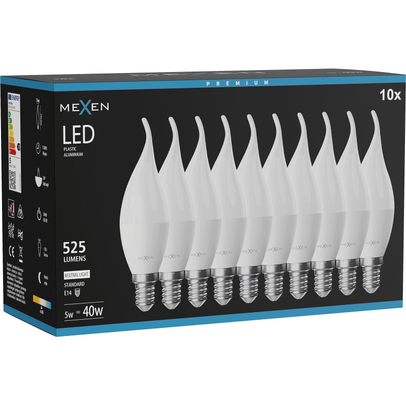 Mexen Nova 10x LED žiarovka plamienok E14, C37, 5W, Neutrálna - 4000K, 525 lm - L106-E14-0540-01x10