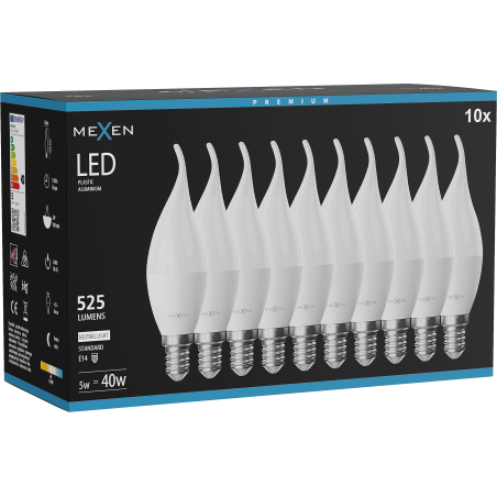 Mexen Nova 10x LED žiarovka plamienok E14, C37, 5W, Neutrálna - 4000K, 525 lm - L106-E14-0540-01x10
