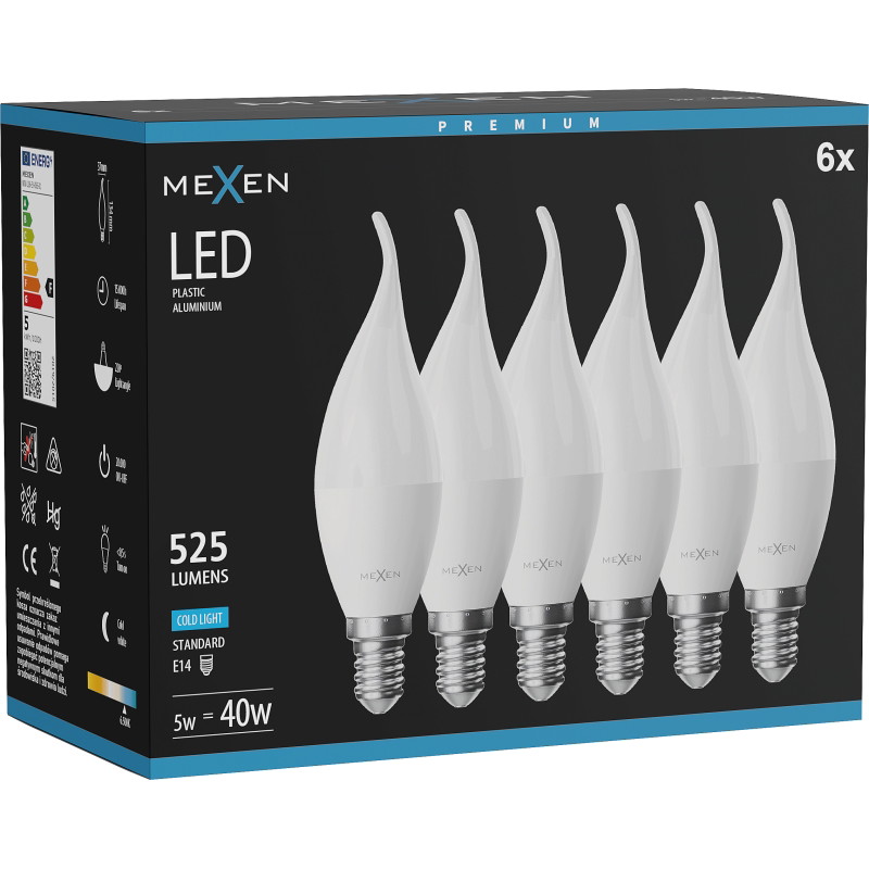 Mexen Nova 6x LED žiarovka plameň E14, C37, 5W, Studená - 6500K, 525 lm - L106-E14-0565-01x06