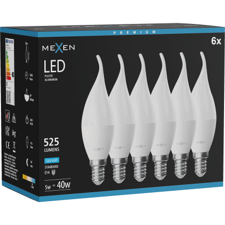 Mexen Nova 6x LED žiarovka plameň E14, C37, 5W, Studená - 6500K, 525 lm - L106-E14-0565-01x06