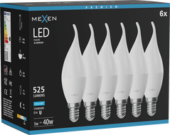 Mexen Nova 6x LED žiarovka plameň E14, C37, 5W, Studená - 6500K, 525 lm - L106-E14-0565-01x06
