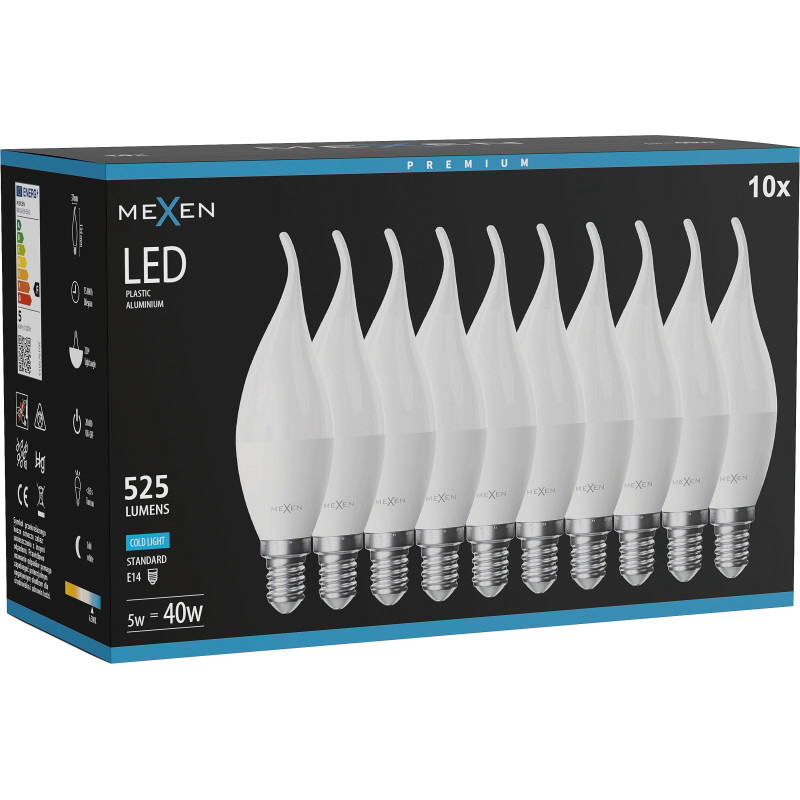 Mexen Nova 10x LED žiarovka plameň E14, C37, 5W, Studená - 6500K, 525 lm - L106-E14-0565-01x10