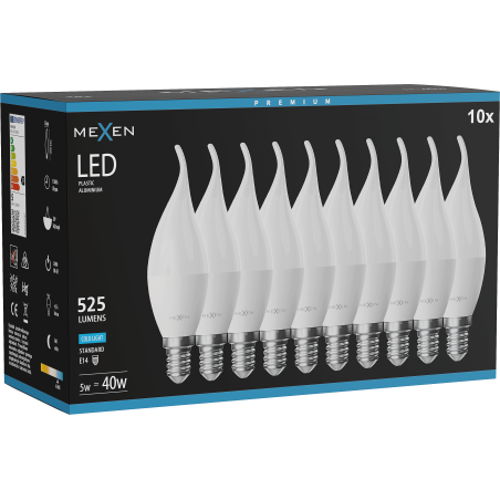 Mexen Nova 10x LED žiarovka plameň E14, C37, 5W, Studená - 6500K, 525 lm - L106-E14-0565-01x10