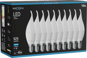 Mexen Nova 10x LED žiarovka plameň E14, C37, 5W, Studená - 6500K, 525 lm - L106-E14-0565-01x10