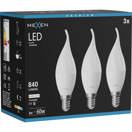 Mexen Nova 3x LED žiarovka plameň E14, C37, 8W, Neutrálna - 4000K, 840 lm - L106-E14-0840-01x03