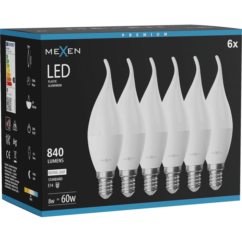 Mexen Nova 6x LED žiarovka plameň E14, C37, 8W, Neutrálna - 4000K, 840 lm - L106-E14-0840-01x06