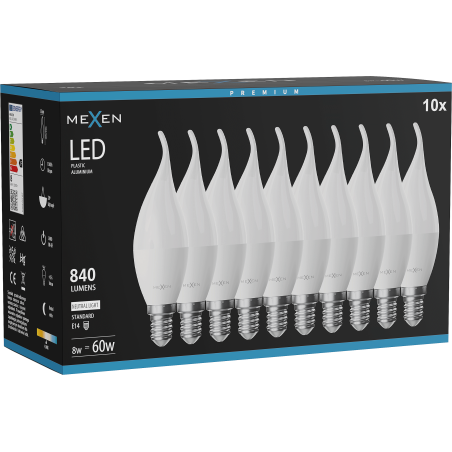 Mexen Nova 10x LED žiarovka plameň E14, C37, 8W, Neutrálna - 4000K, 840 lm - L106-E14-0840-01x10