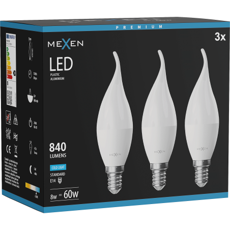 Mexen Nova 3x LED žiarovka plameň E14, C37, 8W, Studená - 6500K, 840 lm - L106-E14-0865-01x03