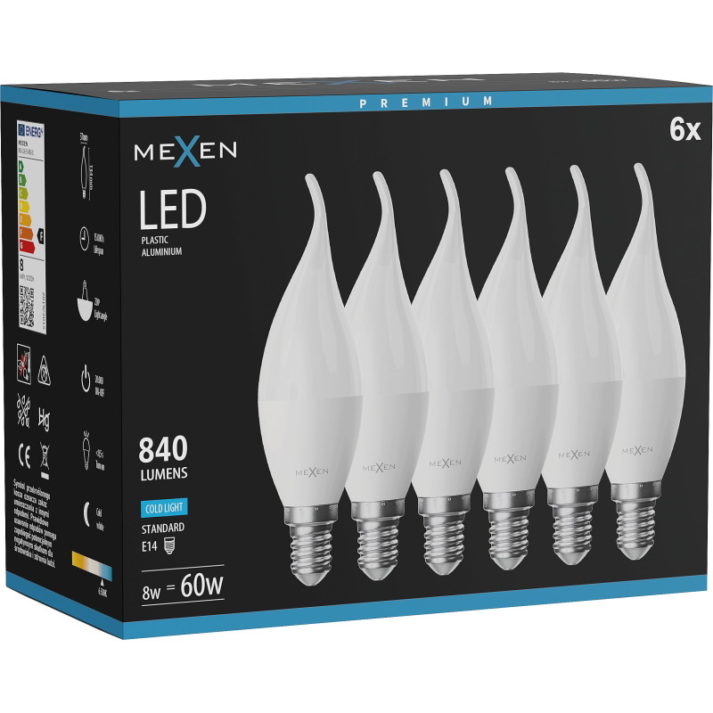 Mexen Nova 6x LED žiarovka plameň E14, C37, 8W, Studená - 6500K, 840 lm - L106-E14-0865-01x06