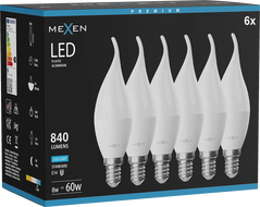 Mexen Nova 6x LED žiarovka plameň E14, C37, 8W, Studená - 6500K, 840 lm - L106-E14-0865-01x06