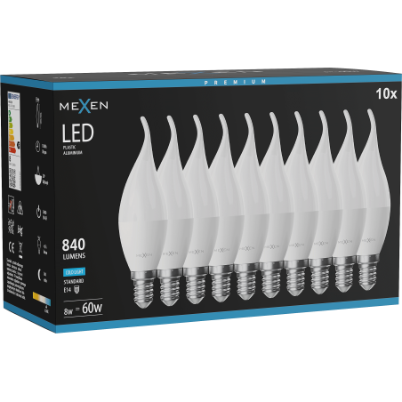 Mexen Nova 10x LED žiarovka plamienok E14, C37, 8W, Studená - 6500K, 840 lm - L106-E14-0865-01x10